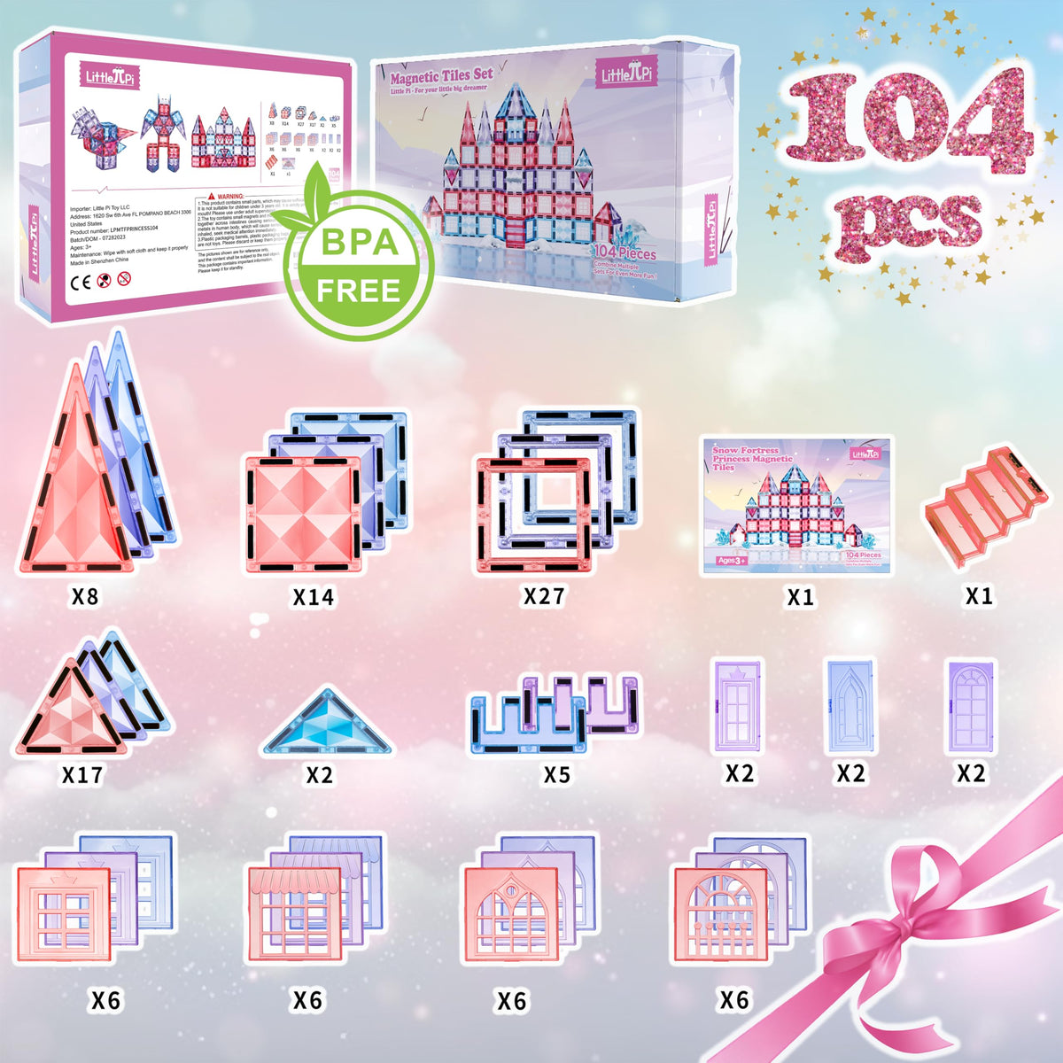Little Pi 104pcs Frozen Princess Castle Magnetic Tiles Building Blocks - 3D Diamond Blocks, STEM Educational Toddler Toys for Pretend Play, 4 Year Old Girl Birthday Gifts Kids Ages 3 5 6 7 8 - Pink