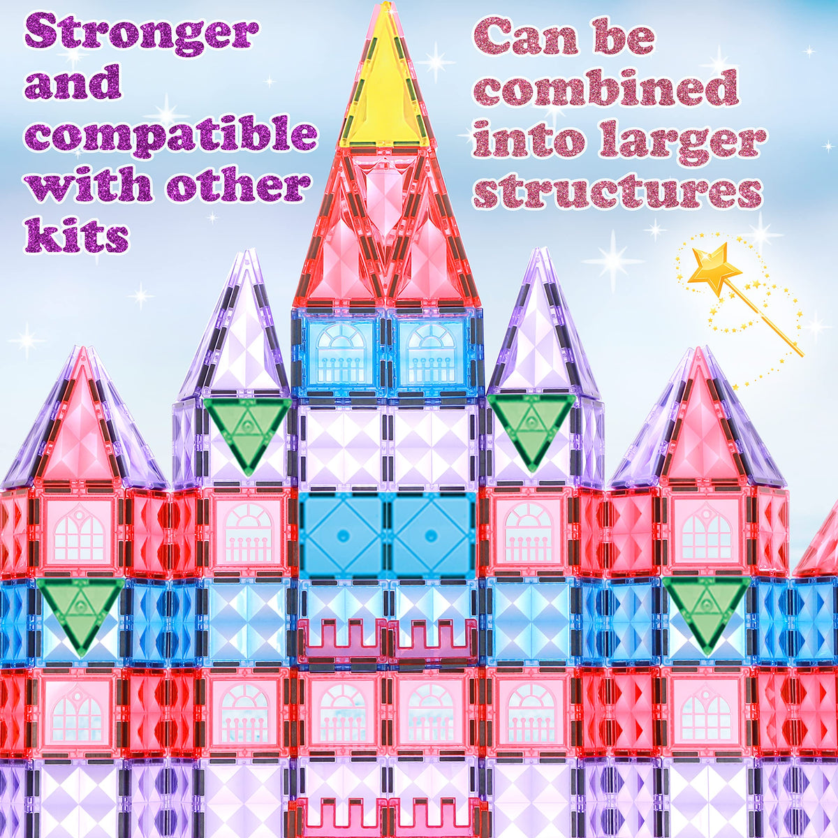Little Pi 104pcs Frozen Princess Castle Magnetic Tiles Building Blocks - 3D Diamond Blocks, STEM Educational Toddler Toys for Pretend Play, 4 Year Old Girl Birthday Gifts Kids Ages 3 5 6 7 8 - Pink